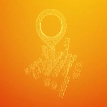 Geo map pin on Mesh Cubes City Array wireframe mesh Ilustración de archivo