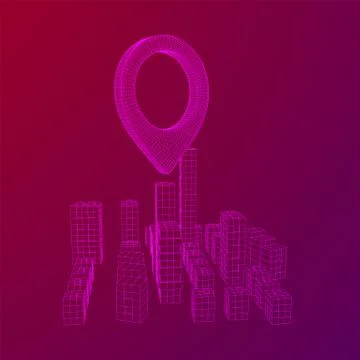 Geo map pin on Mesh Cubes City Array wireframe mesh Illustrazione stock