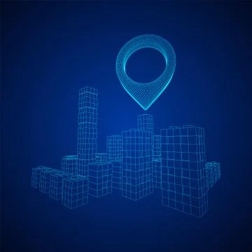Geo map pin on Mesh Cubes City Array wireframe mesh Illustrazione stock