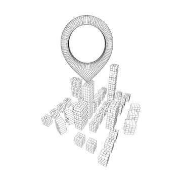 Geo map pin on Mesh Cubes City Array wireframe mesh Ilustración de archivo