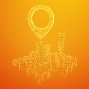 Geo map pin on Mesh Cubes City Array wireframe mesh Illustrazione stock