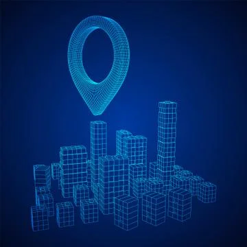 Geo map pin on Mesh Cubes City Array wireframe mesh Illustrazione stock