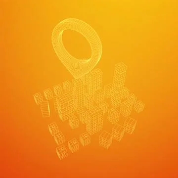 Geo map pin on Mesh Cubes City Array wireframe mesh Stock Illustration