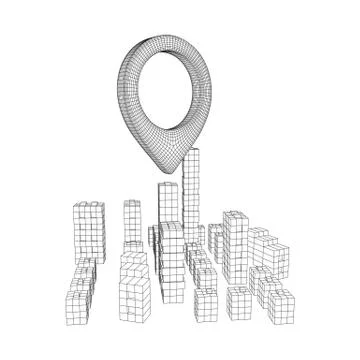 Geo map pin on Mesh Cubes City Array wireframe mesh Illustrazione stock