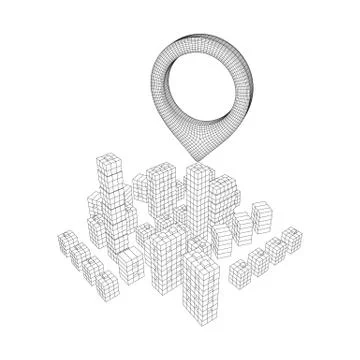 Geo map pin on Mesh Cubes City Array wireframe mesh Stock Illustration