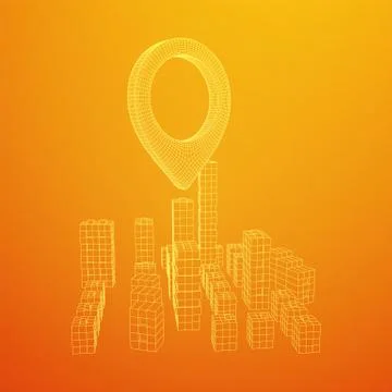 Geo map pin on Mesh Cubes City Array wireframe mesh Illustrazione stock