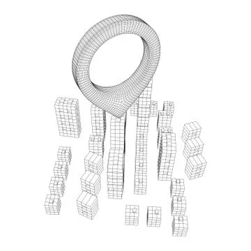 Geo map pin on Mesh Cubes City Array wireframe mesh Illustrazione stock