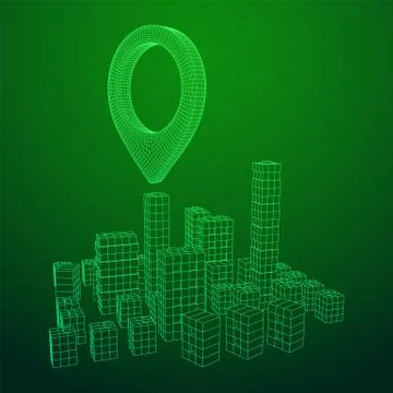 Geo map pin on Mesh Cubes City Array wireframe mesh Ilustración de archivo