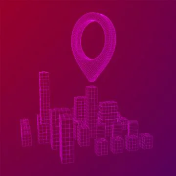 Geo map pin on Mesh Cubes City Array wireframe mesh Stock Illustration