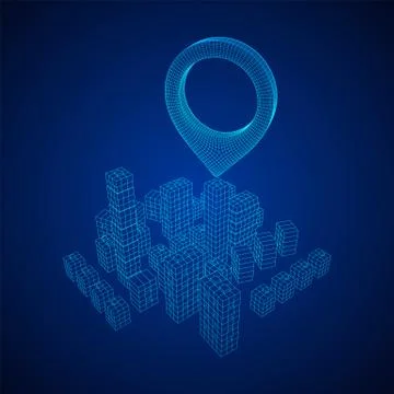 Geo map pin on Mesh Cubes City Array wireframe mesh Illustrazione stock
