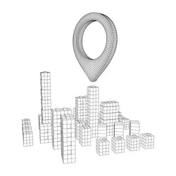Geo map pin on Mesh Cubes City Array wireframe mesh Stockillustratie