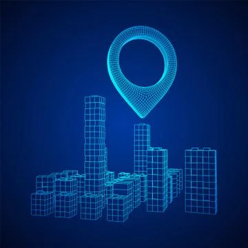 Geo map pin on Mesh Cubes City Array wireframe mesh イラスト素材