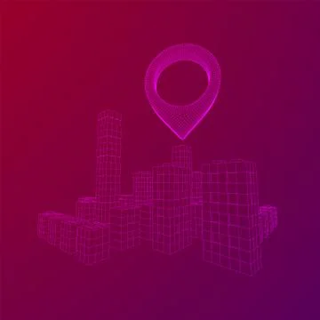 Geo map pin on Mesh Cubes City Array wireframe mesh Stock Illustration