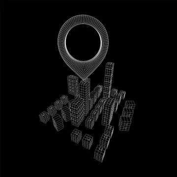 Geo map pin on Mesh Cubes City Array wireframe mesh Stockillustratie