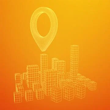 Geo map pin on Mesh Cubes City Array wireframe mesh Ilustración de archivo
