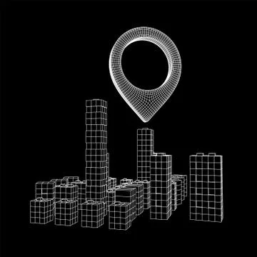 Geo map pin on Mesh Cubes City Array wireframe mesh Illustrazione stock
