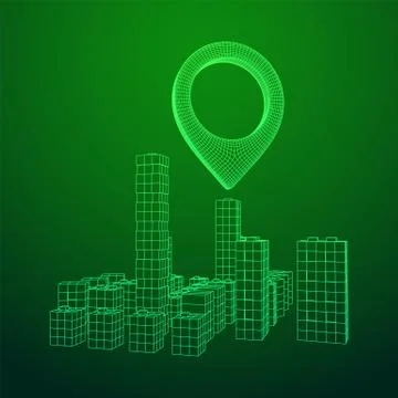 Geo map pin on Mesh Cubes City Array wireframe mesh Illustrazione stock