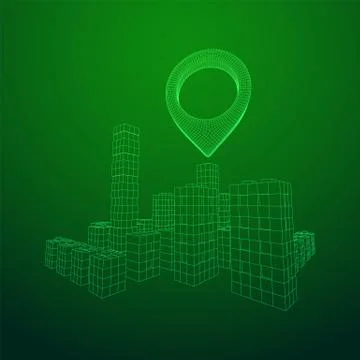 Geo map pin on Mesh Cubes City Array wireframe mesh Illustrazione stock