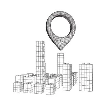 Geo map pin on Mesh Cubes City Array wireframe mesh Stock Illustration