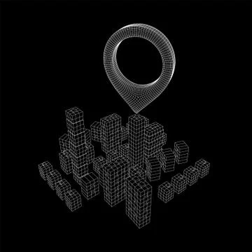 Geo map pin on Mesh Cubes City Array wireframe mesh Ilustración de archivo
