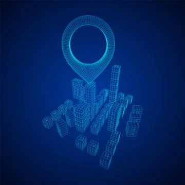 Geo map pin on Mesh Cubes City Array wireframe mesh Illustrazione stock