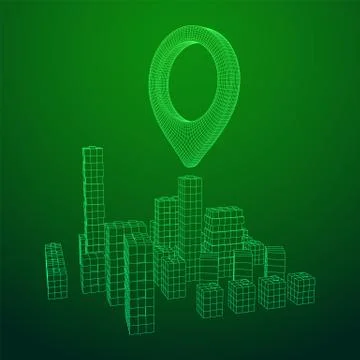 Geo map pin on Mesh Cubes City Array wireframe mesh Illustrazione stock