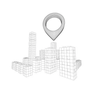 Geo map pin on Mesh Cubes City Array wireframe mesh Illustrazione stock