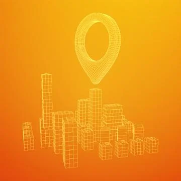 Geo map pin on Mesh Cubes City Array wireframe mesh Illustrazione stock