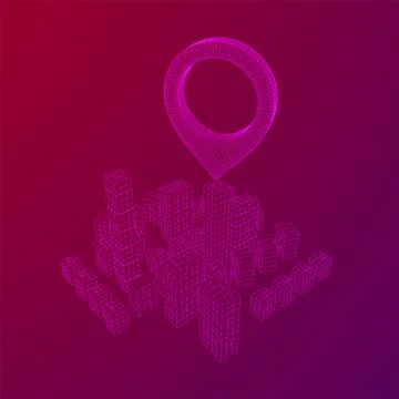 Geo map pin on Mesh Cubes City Array wireframe mesh Stockillustratie