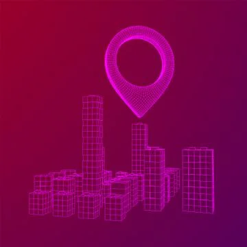 Geo map pin on Mesh Cubes City Array wireframe mesh Illustrazione stock