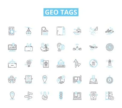 Geo tags linear icons set. Latitude, Longitude, Coordinates, Location, Maps Stock Illustration