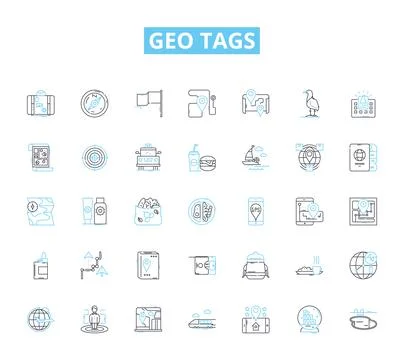 Geo tags linear icons set. Latitude, Longitude, Coordinates, Location, Maps Stock Illustration