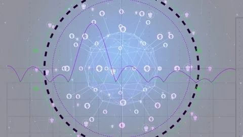 Geodesic sphere pulsing as purple waveform sweeping, lighting nodes and showing Stock Footage 334788164
