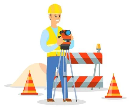 Geodesist engineer working with tachymeter on construction. Builder in helmet Stock Illustration