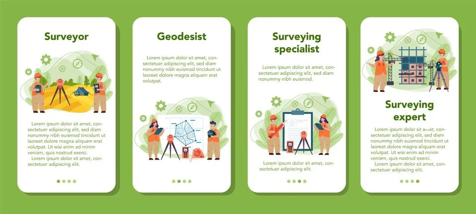 Geodesy science mobile application banner set. Land surveying Stock Illustration