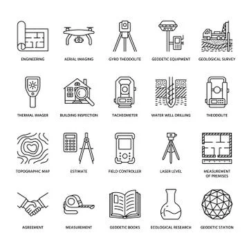 Geodetic survey engineering vector flat line icons. Geodesy equipment Stock Illustration