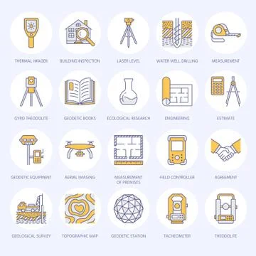 Geodetic survey engineering vector flat line colored icons. Geodesy equipment Stock Illustration