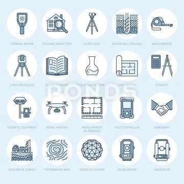 Geodetic survey engineering vector flat line icons. Geodesy equipment ...