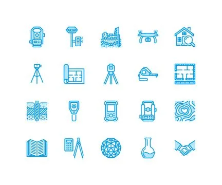 Geodetic survey engineering vector flat line icons. Geodesy equipment Stock Illustration