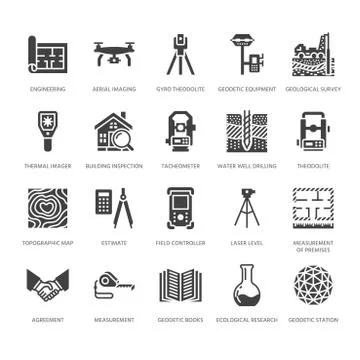 Geodetic survey engineering vector flat glyph icons. Geodesy equipment Illustrazione stock