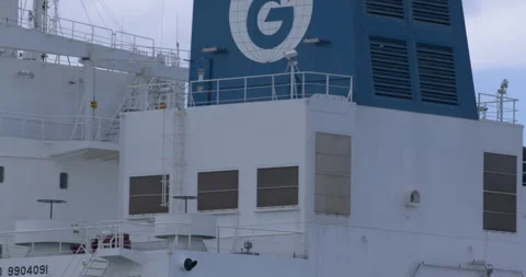 Geogas LPG Vessel Superstructure and Lifeboat Launch Ramp, Tilt Down Shot Stock Footage 346137959