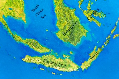 Geographic map of Java, Sumatra, Celebes and Borneo Islands Stock Photos