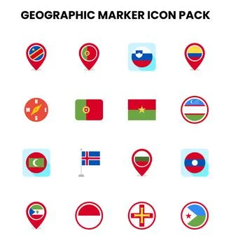 Geographic Marker Flat Set Icons Pack Stock Illustration