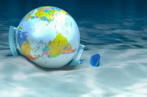 Geographical globe of planet Earth on ocean bottom underwater, 3D rendering Stock Illustration
