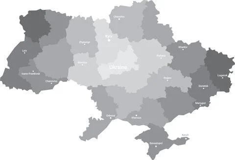 Geographical map of Ukraine with the borders of its constituent regions and t Stock Illustration