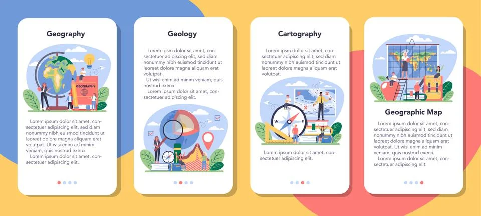 Geography class mobile application banner set. Studying the lands Stock Illustration