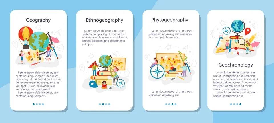 Geography class mobile application banner set. Studying the lands, features Stock Illustration