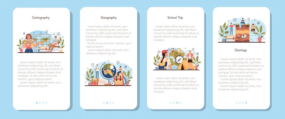 Geography class mobile application banner set. Studying the lands, features Stock Illustration