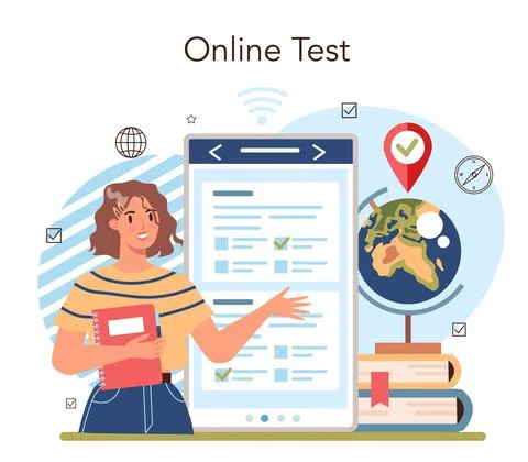 Geography class online service or platform. Studying the lands, features Stock Illustration