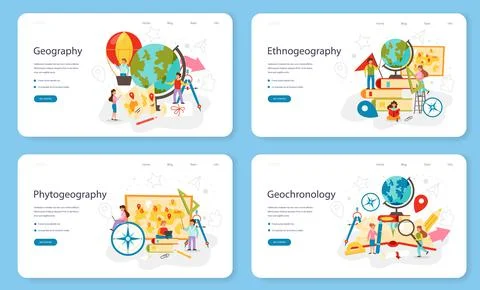 Geography class web banner or landing page set. Studying the lands, features Stock Illustration
